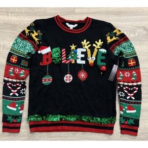 NoBo Christmas BELIEVE Jingle Bells‎ 3D Embellishment Sweater Girls Sz LG JUNIOR